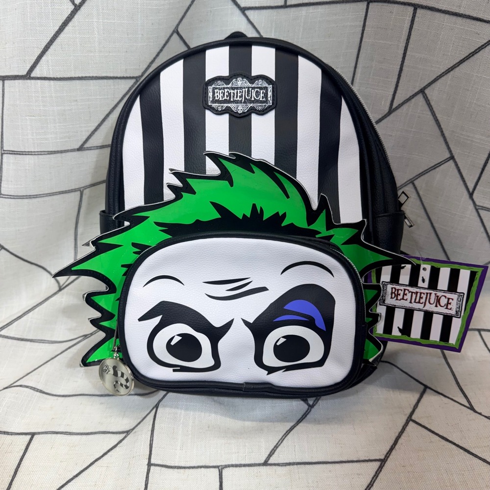 Beetlejuice Mini Backpack Warner Brothers Black White Striped Character Face NWT